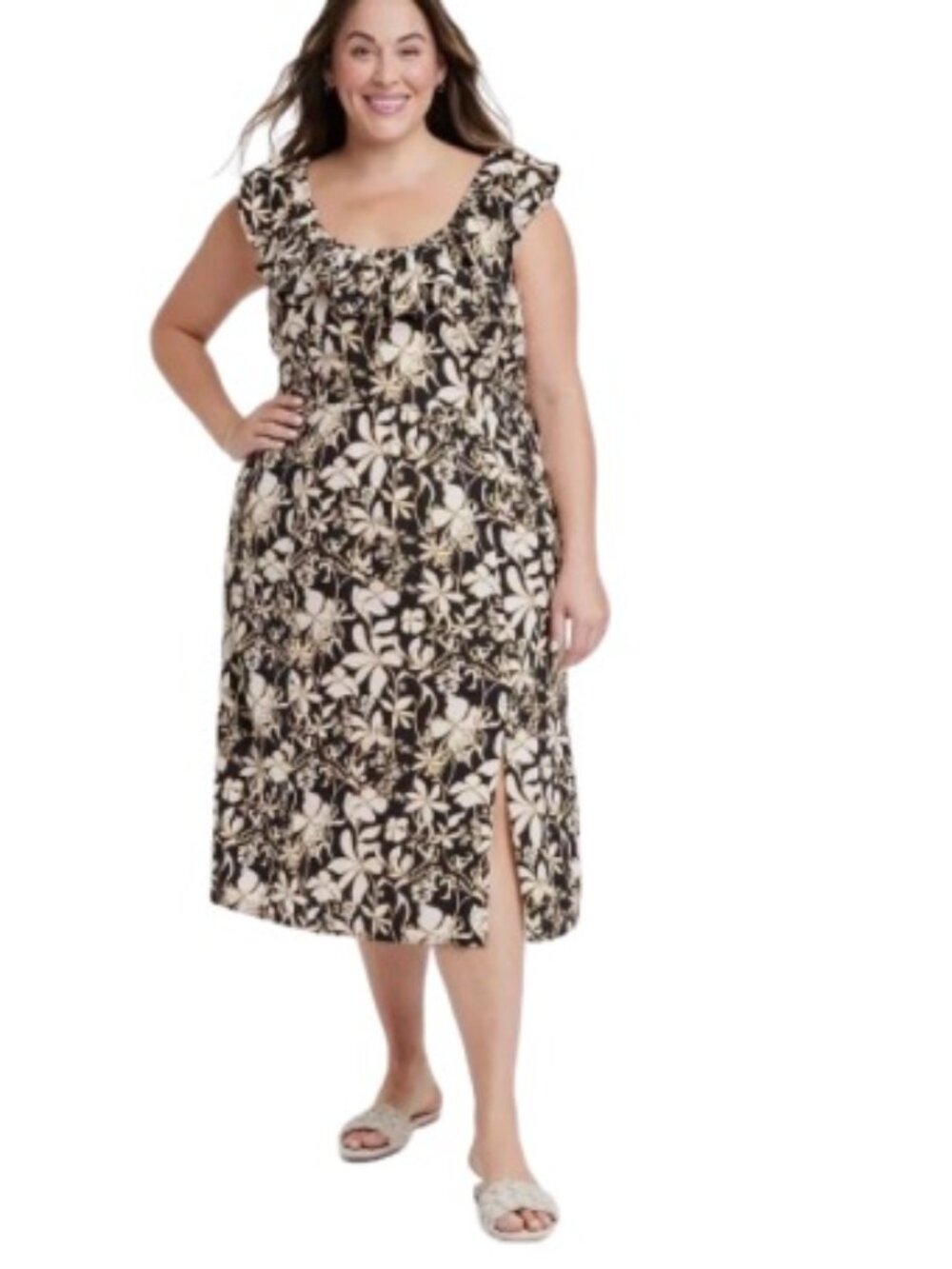 Ava & Viv Womens Midi Dress Floral Slit Front Pockets Linen Blend Plus 2X New